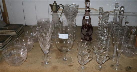 2 ruby overlay decanters, collection of cut glass, candlesticks, glasses and finger bowls etc